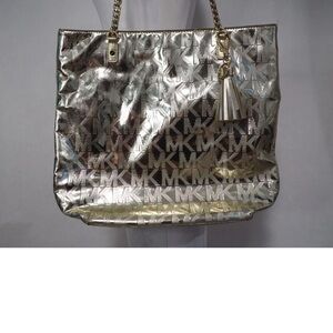 Michael Kors Large Gold Metallic Logo Embroidered Tote Bag Chain Leather Strap